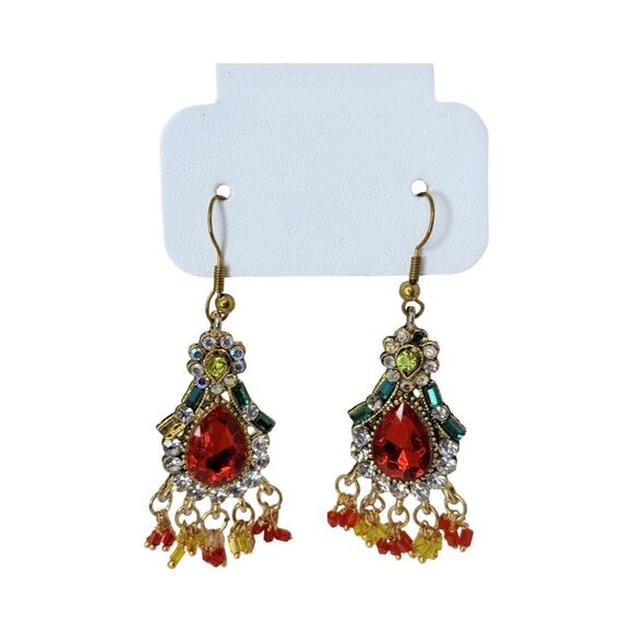 Indian Statement Crystal Necklace & Earrings Set Red Green Gold-Tone Bridal - Picture 6 of 16